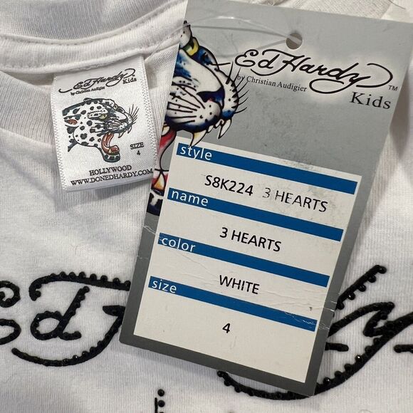 Ed Hardy Kids 3 Hearts with Rhinestones On White T-Shirt Size 4 - Picture 6 of 7